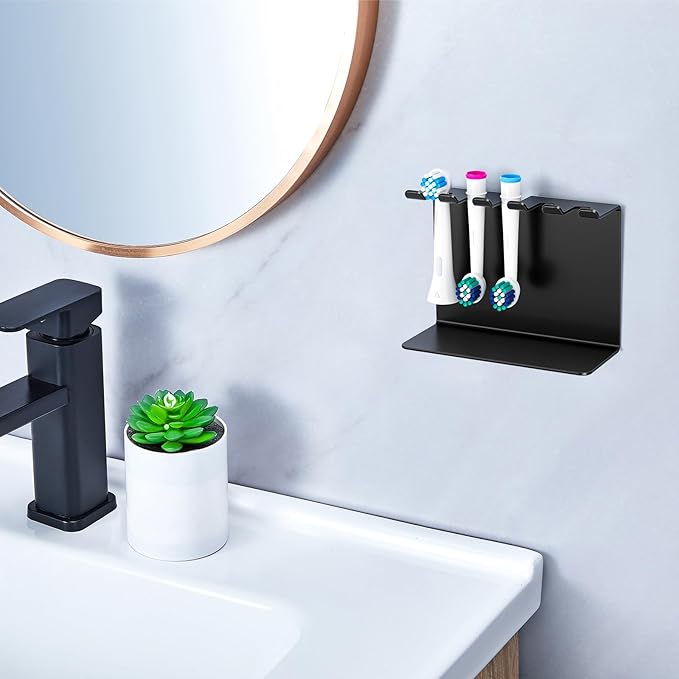 Electric Toothbrush Head Holder, Oukimly Toothbrush Holder Wall Mounted or Desktop, Metal Tooth Brush Holder, Shower Brush Head Holder, Electric Toothbrush Holder for Bathroom (Black, Large)