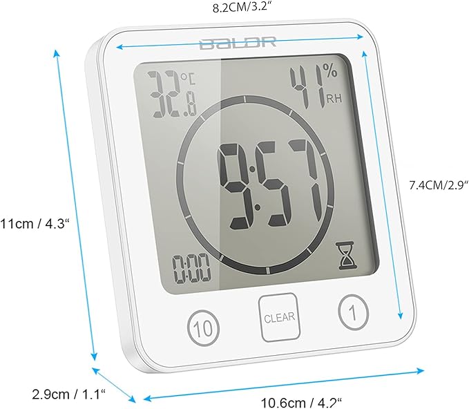 Digital Bathroom Shower Wall Clock, LCD Digital Wall Clock with Suction, Waterproof Temperature Humidity Gauge, Touch Screen Timer, Large Countdown Visual Timer (White)
