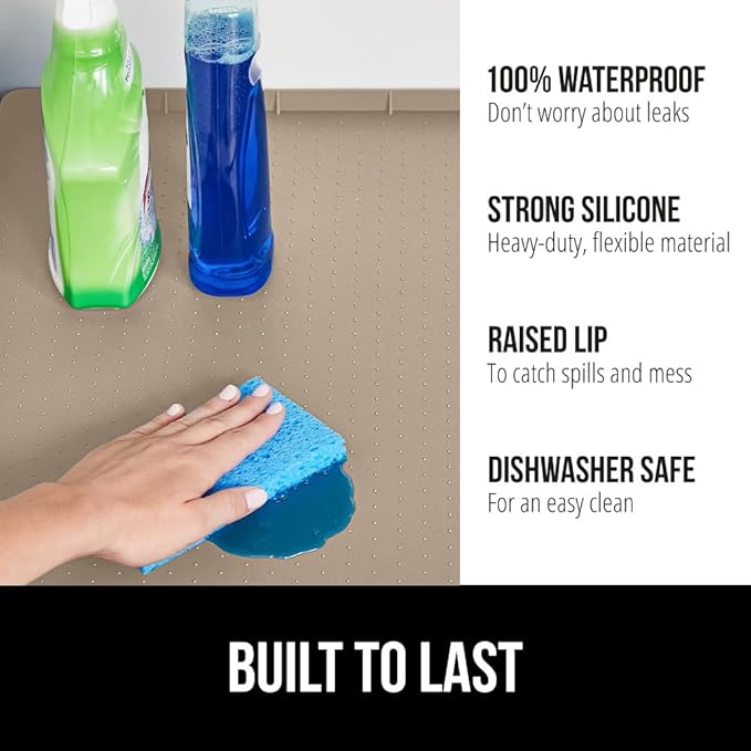 GORILLA GRIP Waterproof Silicone Under Sink Mat with Raised Lip for Kitchen and Bathroom, 28 x 22 in, Cabinet Shelf Liner Stay in Place Mats Dishwasher Safe Drawer Liner, Organizer Tray, Beige