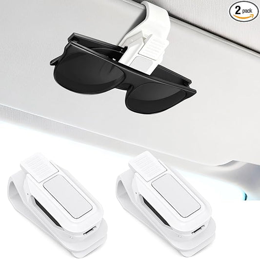 Dsycar 2 Pack Sunglasses Holder for Car, One-Handed-Operation Visor Sunglass Holder Clip, Easy Access Storage for Driving, Universal Fits Eyeglasses Clip Compatible with All Glasses (White)