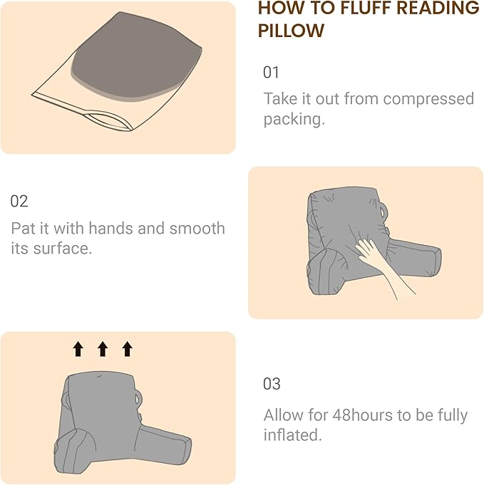 Portable Comfy Reading Pillows for Bed Sitting Up(Brown Oeko-Tex), Velvet Back Pillow with Arms & Pockets for Adults, Support Memory Foam Bed Pillow for Dorm/Reading/Watching/Gaming