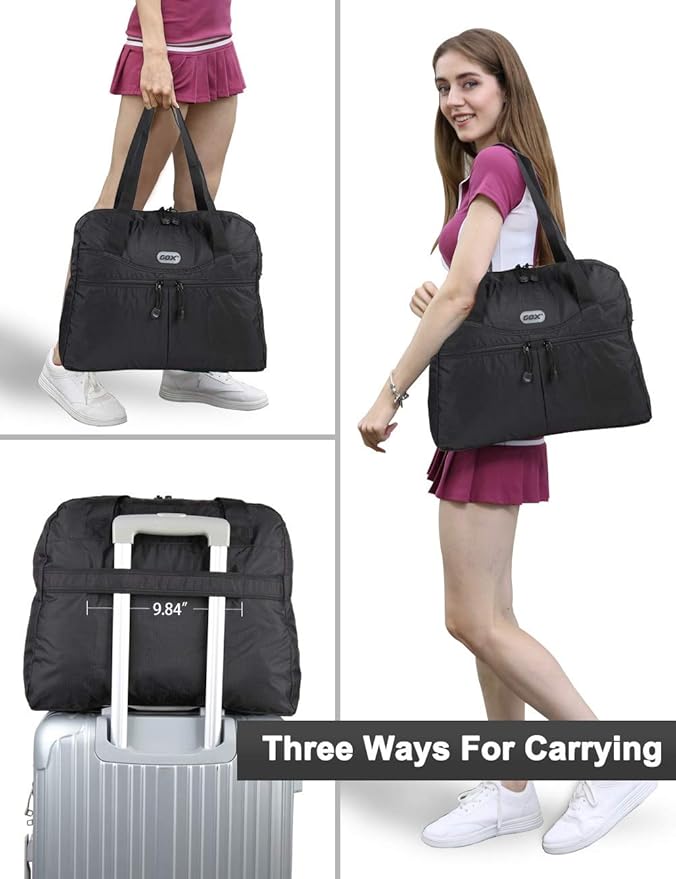 GOX Packable Duffel Bag for Travel, Foldable Tote Bag, Travel Tote Bags for Women (Black)