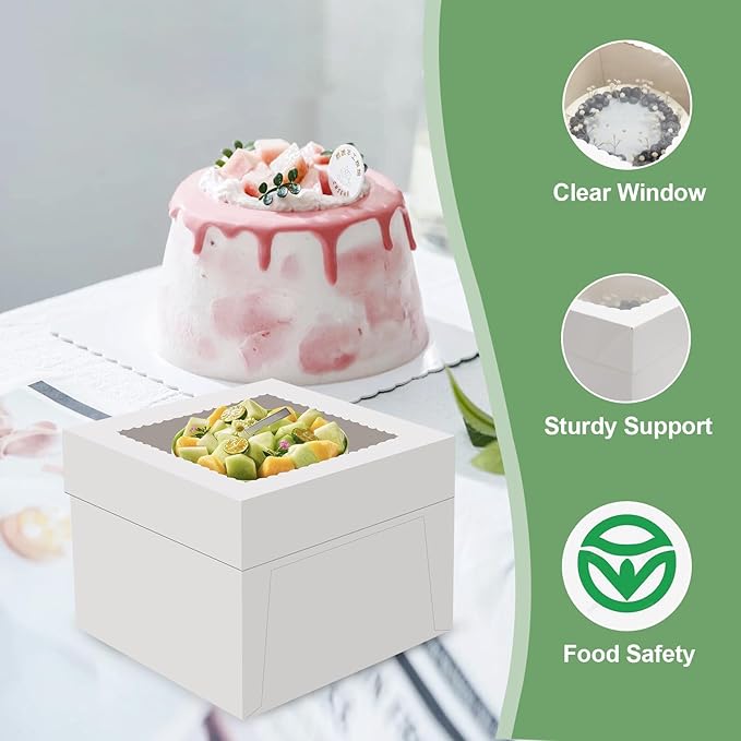 6 Pack Cake Boxes, 12x12x8 Inches Tall Cake Box with Cake Boards, White Bakery Boxes with Large Window, Disposable Cakes Transport Containers with Lids, for Cookies, Pies, Wedding, Birthday