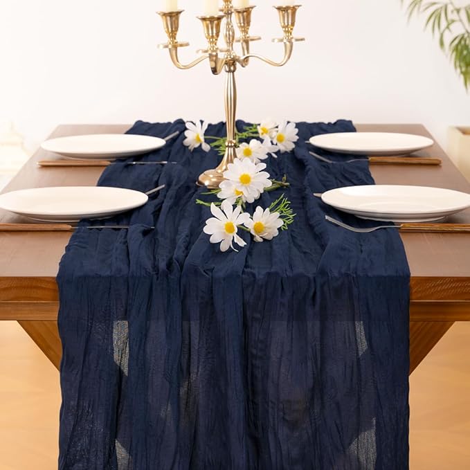 Socomi 10pcs Navy Blue Summer Cheesecloth Table Runner Boho Rustic Gauze 120 inch 10FT Cheese Cloth Sheer Runner for Wedding Party Baby Shower Birthday Home Decor Holiday Decorations
