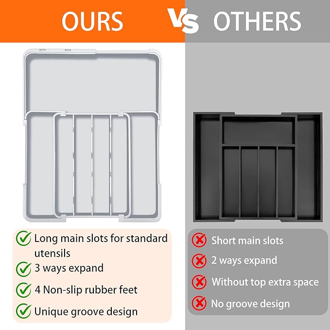 Expandable Silverware Drawer Organizer - 7 Compartments BPA-Free Kitchen Utensil Tray, Adjustable 12.6”×9.5" to 19"×15.2", Cutlery Drawer Organizer, Gray