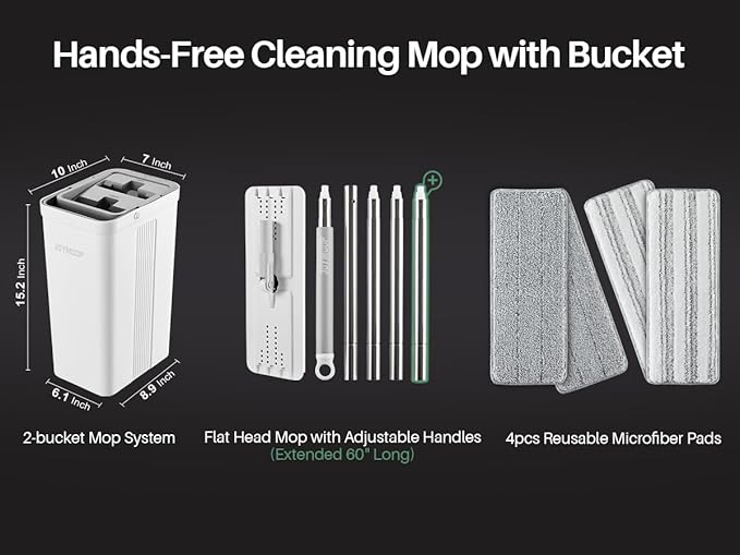 JOYMOOP Mop and Bucket Set, Flat Mops for Floor & Wall Cleaning, Commercial & Household Use, Hardwood Floor Mop with Long Handle & 4 Microfiber Pads