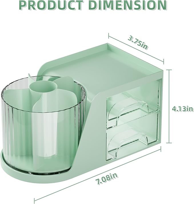 Marbrasse Desk Organizer with 2 Drawers, 360° Rotating Pen Holder, Desk Organizers and Accessories with 6 Slot Pencil Holder + 2 Drawers, Art Supply Storage Box Caddy for Office (Green)