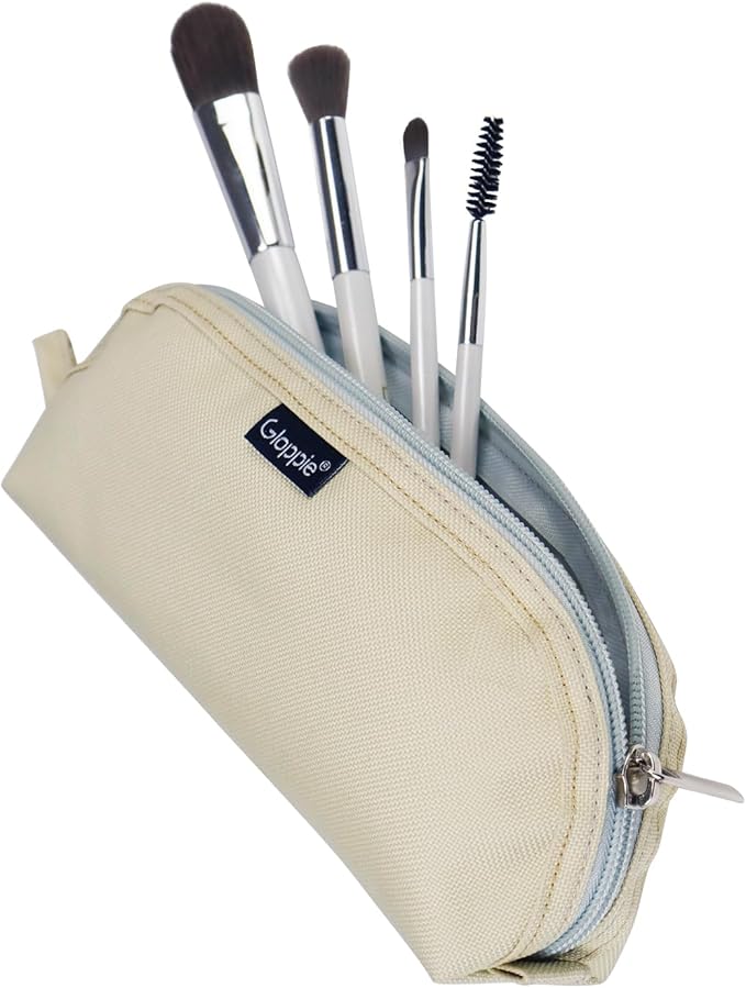 Gloppie Travel Makeup Brush Holder Portable Makeup Brush Traveling Case with Pouch - Small Cosmetic Pouch & Organizer for On-the-Go Beauty, Off White