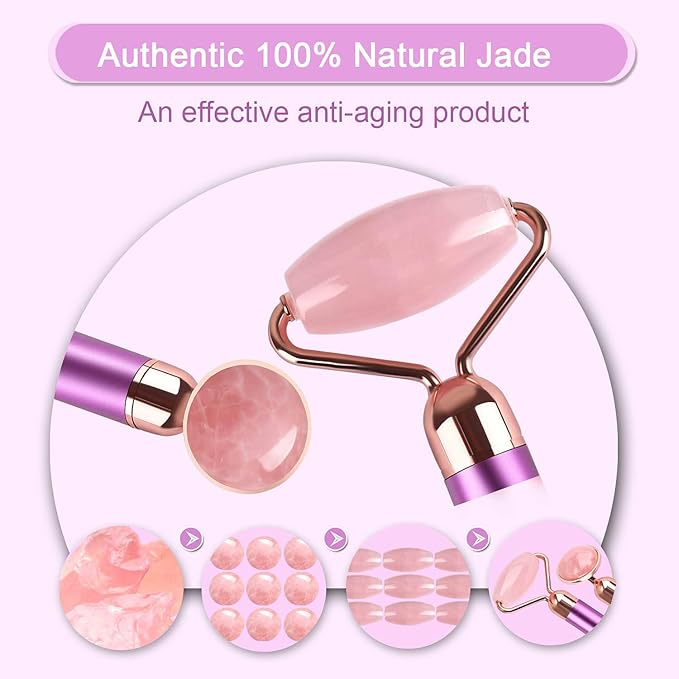 Upgrade 2 in 1 Vibrating Face Roller, Electric Jade Roller Facial Massager Roller for Wrinkles, Flaws, Eyepuffiness and Glowing Youthful Skin
