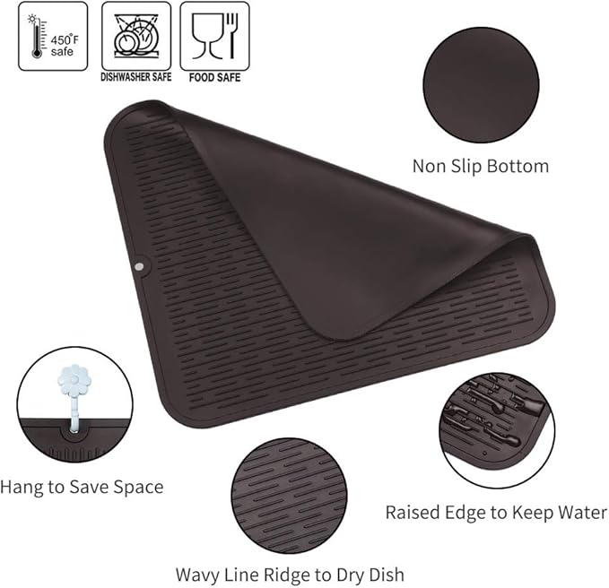 MicoYang Silicone Dish Drying Mat for Multiple Usage,Easy clean,Eco-friendly,Heat-resistant Silicone Mat for Kitchen Counter or Sink,Refrigerator or Drawer Liner Coffee XL 18 inches x 16 inches