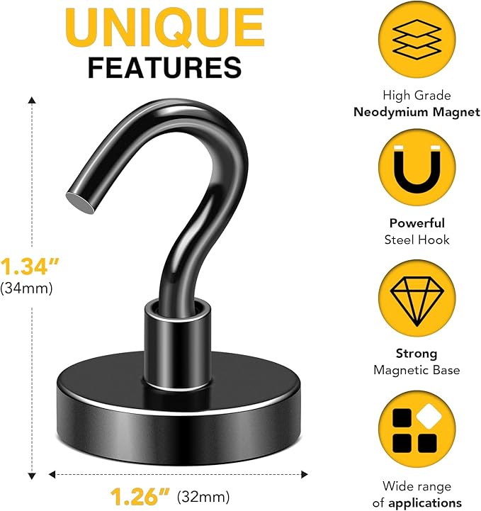 DIYMAG Black Magnetic Hooks, 120 LB Heavy Duty Strong Magnet with Hook, Rare Earth Neodymium Magnetics for Hanging, Magnetism Hanger for Curtain, Home, Kitchen, Workplace, 6 Packs