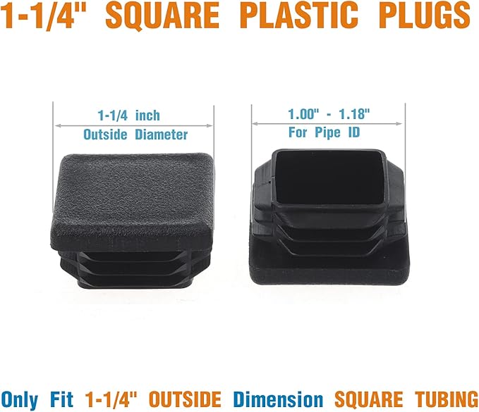 1-1/4Inch Square Plastic Plug, End Caps for Tubing Pipe OD 1-1/4" x 1-1/4" (not ID), Steel Chair Leg End Caps, Bar Stool Glides Inserts, Fence Plugs, Furniture or Fitness Equipment End Caps (12 Packs)