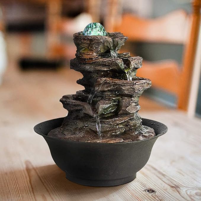 Ferrisland Tabletop Rock - Stacked Waterfall Fountain with LED - Lit Crystal Ball, Ideal for Office & Home Decor(Brown Gray)