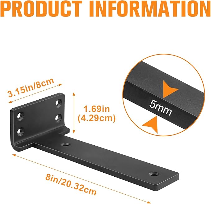 Floating Shelf Brackets 8 inch 4 Pack L Brackets for Shelves Black Metal Heavy Duty Shelf Bracket for DIY Decorative with Mounting Hardware