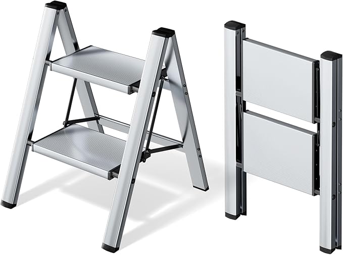 HillhutApex 2 Step Ladder, Lightweight Portable 2 Step Stool with Anti-Slip Wide Pedal,330lbs Capacity Aluminum Ladder for Household,Office,Library(Silver)