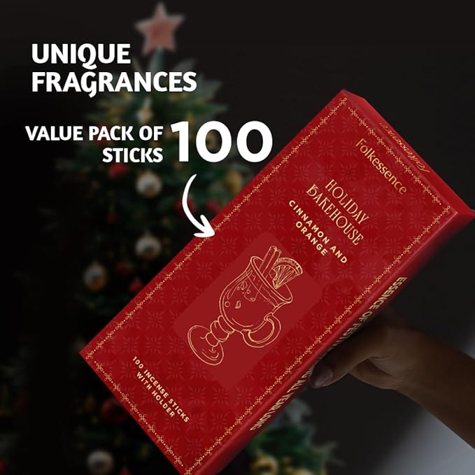 Folkulture Incense Sticks | Set of 120 Insence-Sticks with Holder for Relaxation |Cinnamon & Orange Incense| Organic, Slow Burning & Non Toxic Inscents | Luxe Fragrances for Meditation