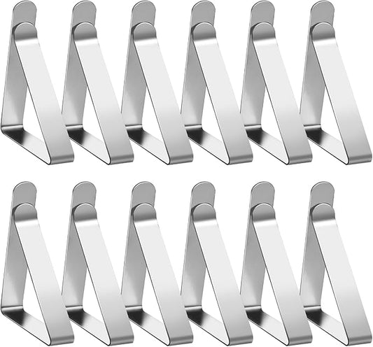 Tablecloth Clips & Clamps 12 Pack - Stainless Steel Table Cloth Holders for Outdoor Picnic, Restaurants, Weddings, Thick & Folding Tables
