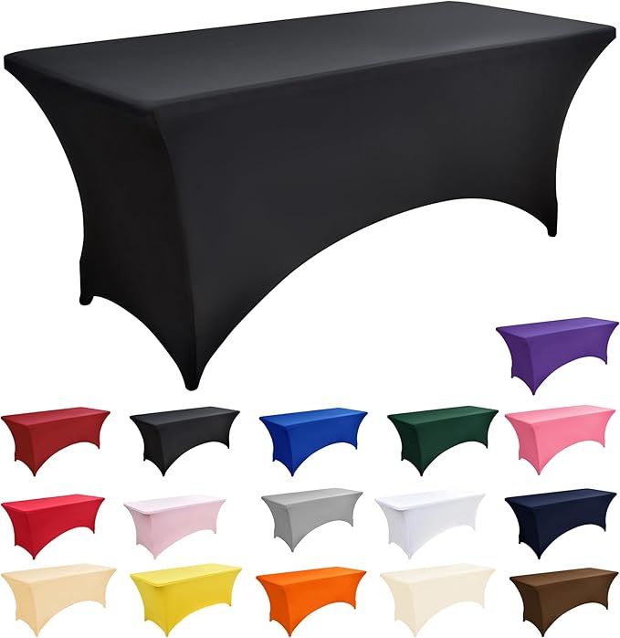 ZarzaaSik 6-Pack 6ft Black Spandex Table Covers for Rectangle Standard Folding Tables - Wrinkle Resistant Stretch Tablecloths - Ultimate Fitted Table Protector for Parties, Trade Shows, Wedding