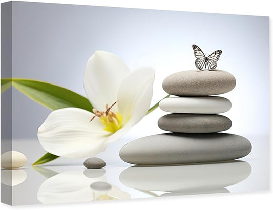 ARTZGX Zen Canvas Wall Art Spa Stones Picture Print Flower and Butterfly Painting Meditation Artwork Bathroom Yoga Decor Frame(Zen Flower - C 28.00" x 42.00")