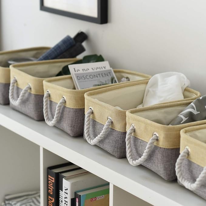 TheWarmHome Storage Baskets for Organizing - 11.8x7.8x5.2 inch Small 6 Pack Storage Bins for Shelf, Fabric Storage Cubes Organizer for Baby Toys Nursery (Gold & Grey)