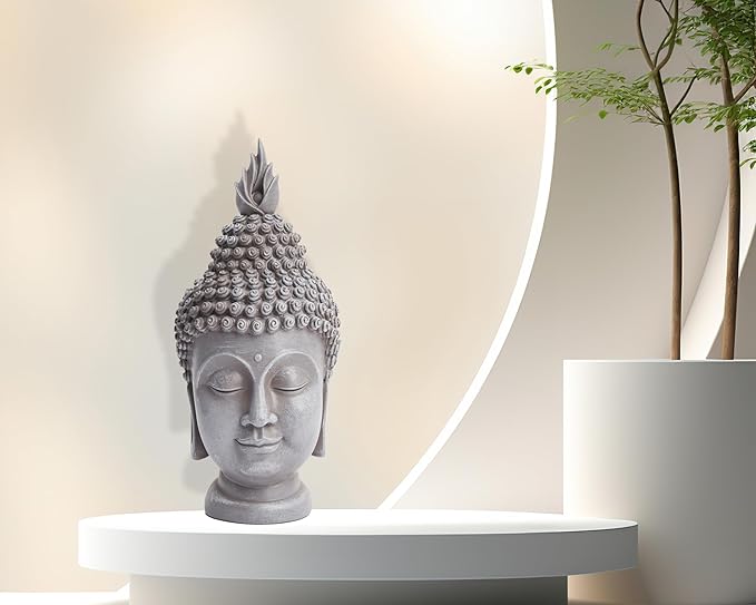 Buddha Head Statue Zen Meditation Decoration, 11 inch Resin Stone Gray Buddha Head Statue for Buddhist Spiritual Altar Decoration Buddhism Gifts