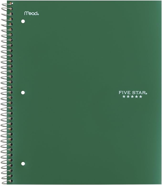 Five Star Spiral Notebook + Study App, 5 Subject, College Ruled Paper, 8-1/2" x 11", 200 Sheets, Fights Ink Bleed, Water Resistant Cover, Forest Green (72079) (Pack of 6)