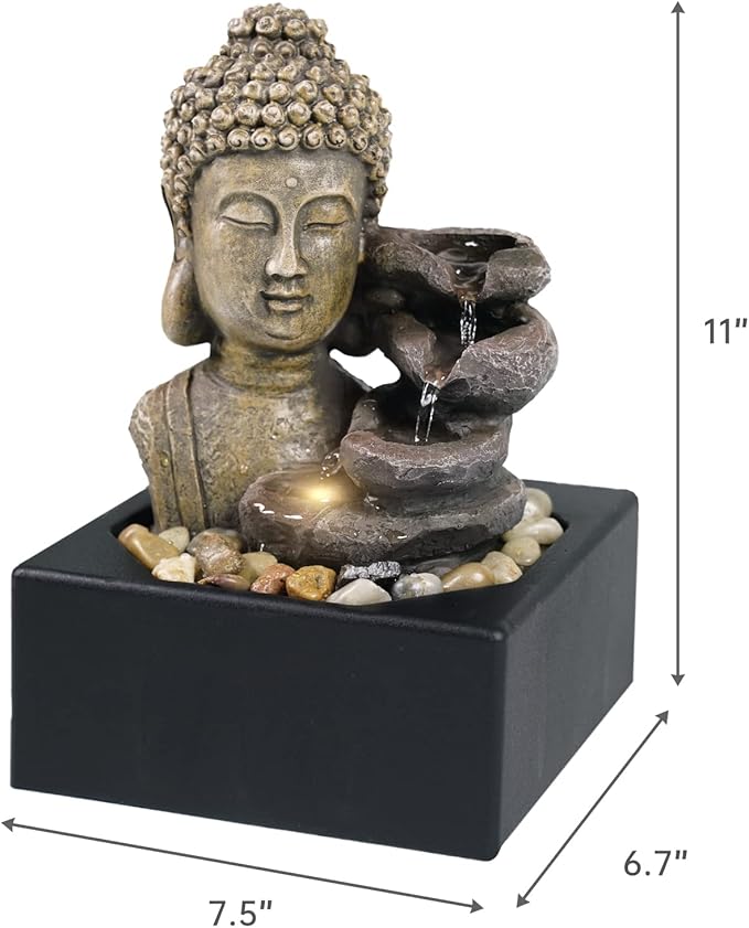 Ferrisland Tabletop Waterfall Fountain Indoor - Buddha Water Fountains 4-Tier Tabletop Waterfall of Zen Meditation Buddha Fountain with LED Warm Light for Office Home and Bedroom Desktop Decor