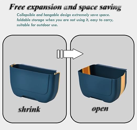 Hanging Folding Mini Trash Can for Kitchen Cabinet Door, Small Collapsible Garbage Bin Under Sink,Wall Mounted Folding Waste Bin- Mini Garbage Container for Cabinet/Bedroom/Bathroom 3L (Blue Yellow)