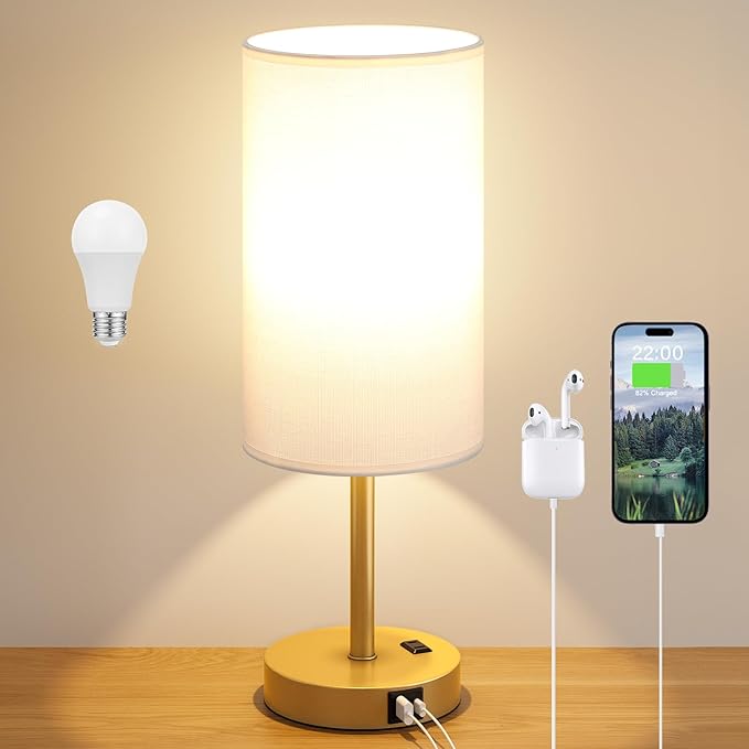 Touch Bedside Table Lamp with USB - 3 Way Dimmable Gold Lamp for Bedroom Nightstand, Desk Lamp with Charging Station for Dorm, Office, Kids Room, Living Room
