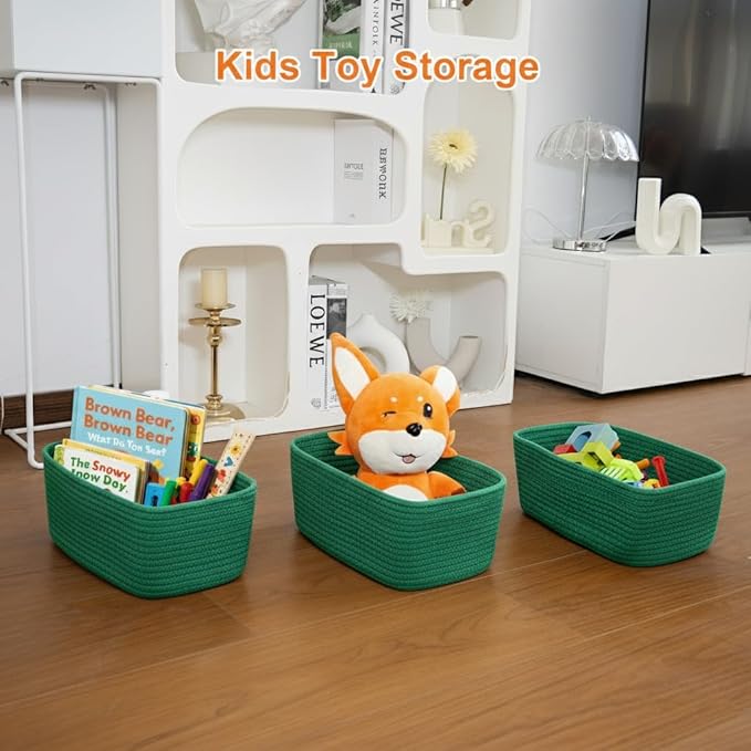 Ordn2Ordn Small Storage Baskets for Organizing, Woven Storage Bins for Shelves, Empty Gift Basket, Cute Decorative Closet Organizer, Baby Rope Basket, Dog Toy Storage, 12.6x8.2x5”, 3-Pack Green