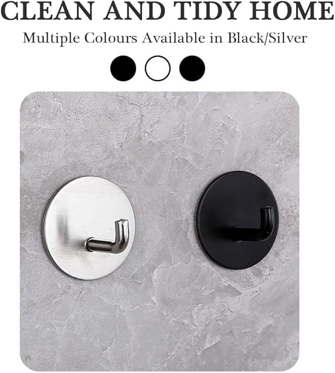 8 Pack Silver Adhesive Wall Hooks, Towel Hooks for Bathrooms, Sticky Hooks for Hanging, Stick-on Wall Mount for Bathroom Kitchen Bedroom No Drill