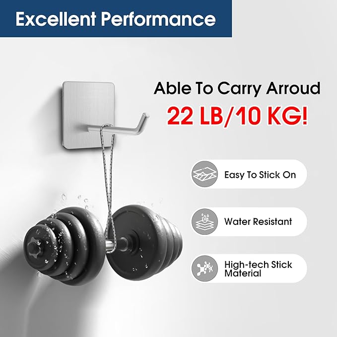 Hawsam 6 Pack Self Adhesive Wall Hooks for Hanging Heavy Duty 44LB/20kg(Max) Adhesive Towel Hooks for Bathroom Silver Towel Robe Coat Hook 304 Stainless Steel Sticky Hooks for Hanging Shaver,Hat