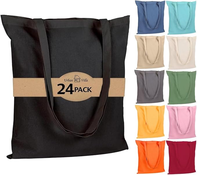 Urban Villa 24 Pack Reusable Grocery Bags 15’’x16’’ with 27’’ long Handle Black Color 100% Cotton Tote Bags Medium Weight Grocery Shopping Cloth Bags Great Choice for Promotion Gift DIY Advertising