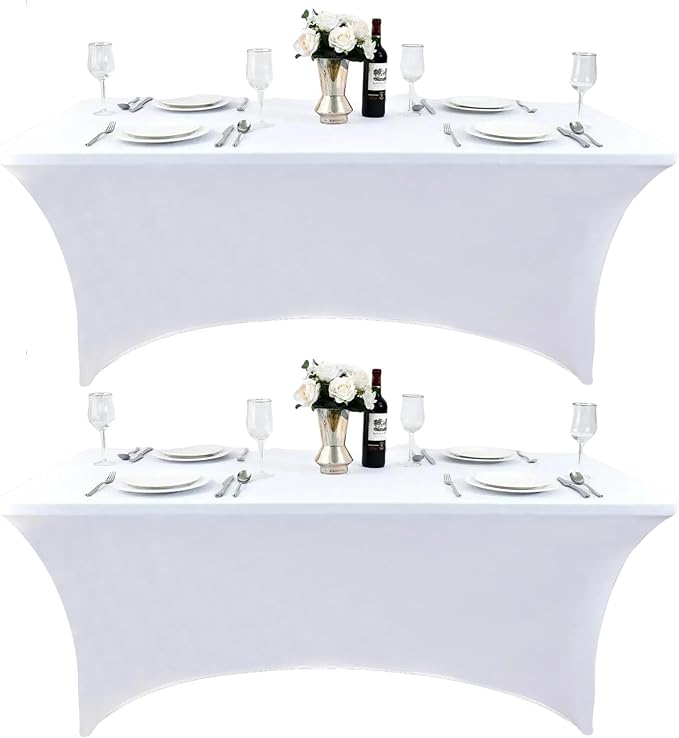 ZarzaaSik 2-Pack 4ft White Spandex Table Covers for Rectangular Folding Tables - Wrinkle Resistant Stretch Tight Table Cloths - Ultimate Fitted Table Protector for Parties, Banquet, and Wedding