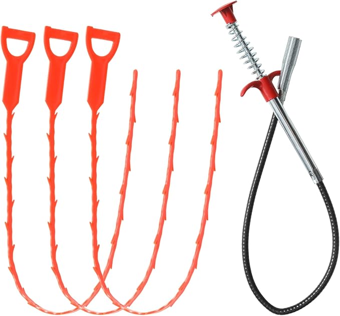 3 Pcs Orange Drain Clog Remover and 1 Pcs 25inch Four Claws Hair Catcher Drain Snake Cleaner Tool, Effective Hair Clog Remover for Toilet/Kitchen Sink/Bathroom Tub