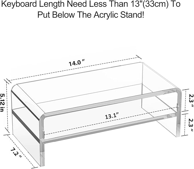 Acrylic Monitor Stand, 2-Tier Clear Monitor Riser Computer Stand for Office, Home, 5.12 Inches High PC Desk Stand for Keyboard Storage, Premium Platform for Laptop Printer TV Screen
