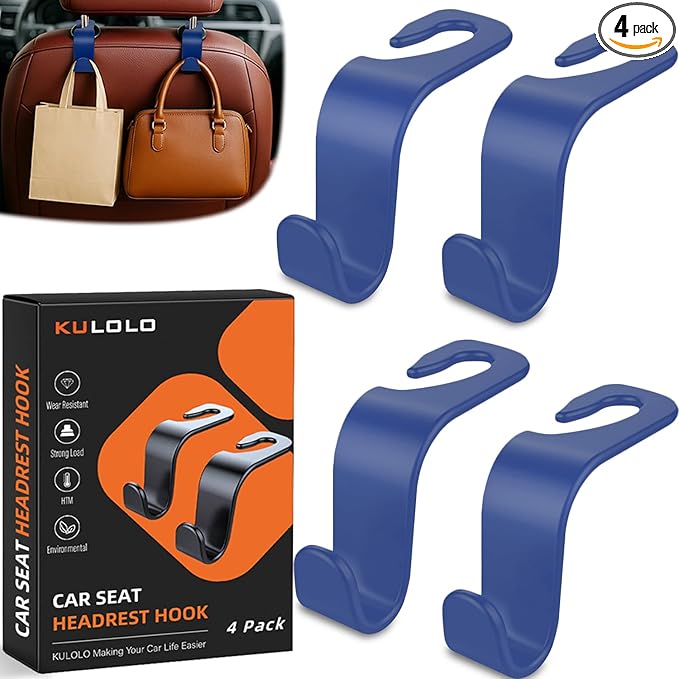 Car Seat Hooks & Purse Holder - 4 Pack Boxed,55 lb Heavy Duty,Eco PP Car Hooks for Purse/Bag/Baby Gear/Gym Bag/Groceries/Cup/,Fits 0.32-0.55”Car Headrest Rods (Dark Blue)