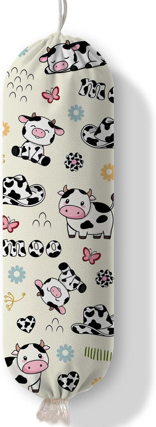 Cow Plastic Bag Holder Dispenser, Plastic Grocery Bag Organizer & Wall Mount Paper Trash Bags Saver Storage for Kitchen Home Pantry Decor, Cute Cow Shopping Bags Storage Dispenser