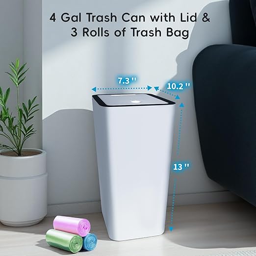 Lysam Small Trash Can, 3 Pack 4 Gallons Bathroom Garbage Can with Lid Press-Top, Small Waste Basket with Trash Bags, Slim Plastic Garbage Bin for Dorm, Office, Bedroom, Kitchen, Living Room (Grey)