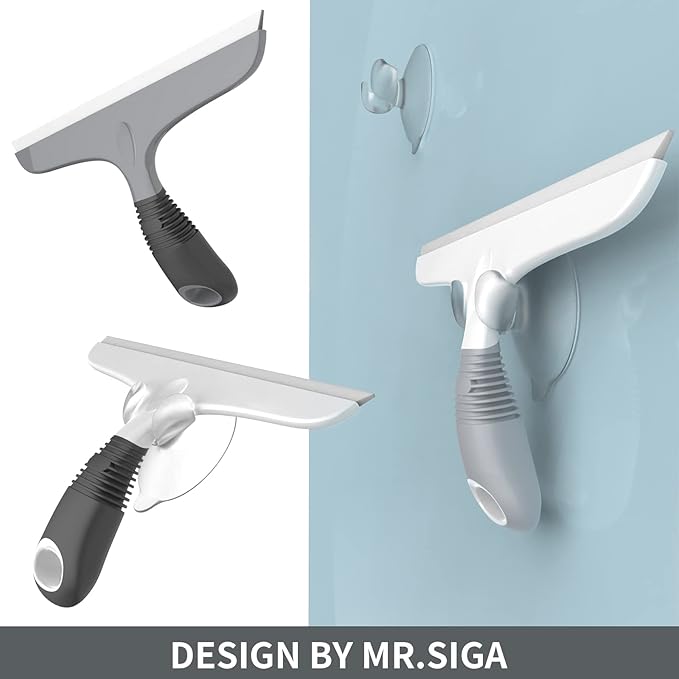 MR.SIGA Multi-Purpose Silicone Squeegee for Window, Glass, Shower Door, Car Windshield, Heavy Duty Window Scrubber, Includes Suction Hook, 10 inch, White & Gray, 2 Pack