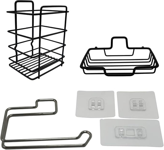 Shower Caddy 3 Pack - Soap Dish - Toothbrush and Paper Towel Holder - Practical Affordable Portable Home Living Bathroom and Kitchen Essentials - Black Toothbrush Holder Wall Mounted