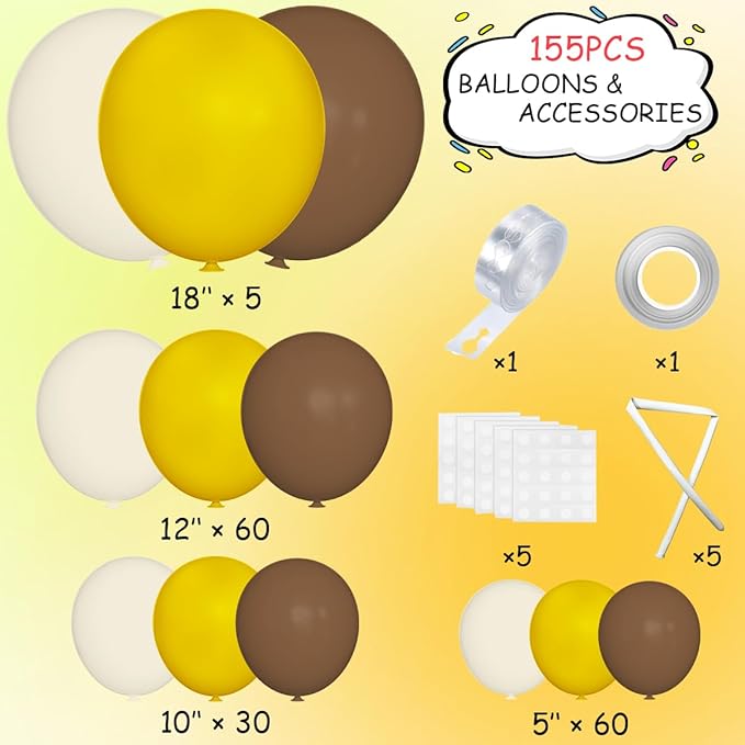 MEBAY Yellow Brown White Balloon Garland Arch Kit, 155Pcs Latex Balloons Different Size 18 12 10 5 inch for Birthday Wedding Party Baby Shower Bridal Shower Decoration