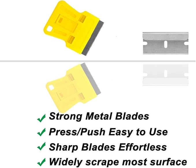 Mini Plastic Razor Blade Scraper High Visibility Bright Yellow Window Scraper Paint Scraper with 5 Spare Metal Razor Scraper Blades Stove Top Scraper Scraping Sticker Decal Residue Label