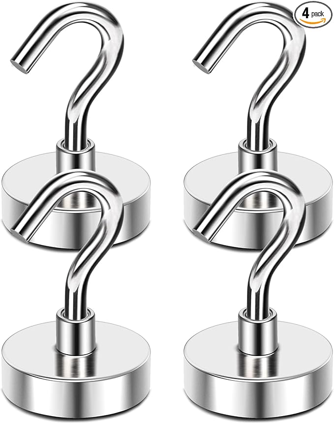 MIKEDE Magnetic Hooks, 30Lbs+ Strong Magnetic Hooks Heavy Duty for Cruise Cabins, Super Hanging Hooks Neodymium Magnets with Hook for Fridge, Grill, Toolbox, Storage, Pack of 4