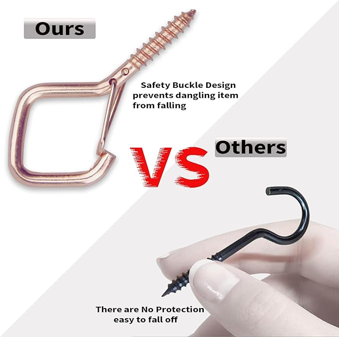 20PCS Eye Screw Hooks for Hanging Heavy Duty with Safety Buckle. Metal Ceiling Hooks for Hanging Plants, Cups, Wind Chimes, Bird Feeders, String Lights Indoors & Outdoors, 2.36 Inch (No Drill Bit)