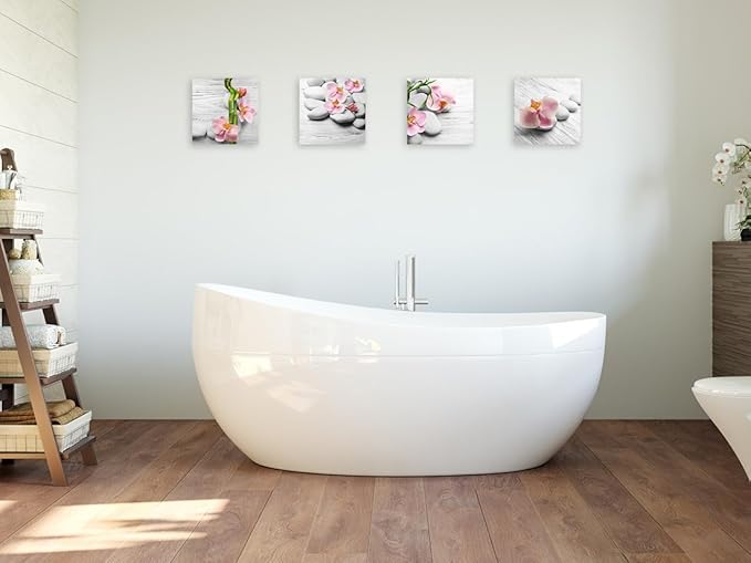 Biufo Zen Stones Canvas Wall Art Prints Floral Picture Artwork for Bathroom Bedroom Yoga Spa Room Decor (12"x12"-4Pcs, Grey)