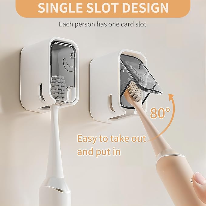 Wall Mounted Toothbrush Holders for Bathroom,Strong Self Adhesive Tooth Brush Holder with Cover, Toothbrush Heads Organizer for Family, 2 Pcs