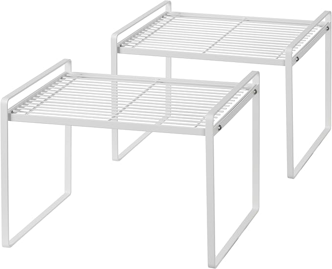 Shantton 2 Pack Kitchen Cabinet Shelf Counter Organizer Rack Pantry Storage Bathroom Bedroom Office Table Desk Space Saving Stackable Rust Resistant Non Slip White Tall Wide L13.1in W10.6in H9.5in