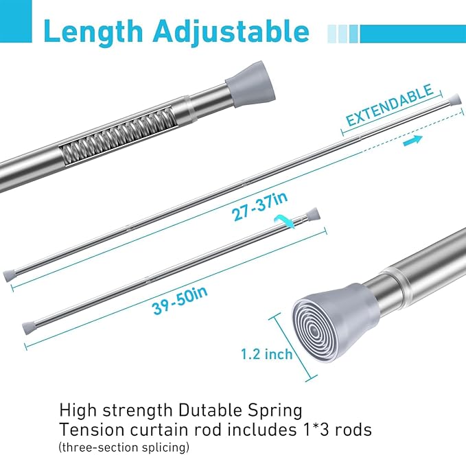 Tension Curtain Rod for Windows 27 to 50 Inch，Silver Spring Tension Rods short curtain rod Adjustable Spring Rod Extendable Tension Rod for Kitchen, Bathroom, Window, Bookshelf.