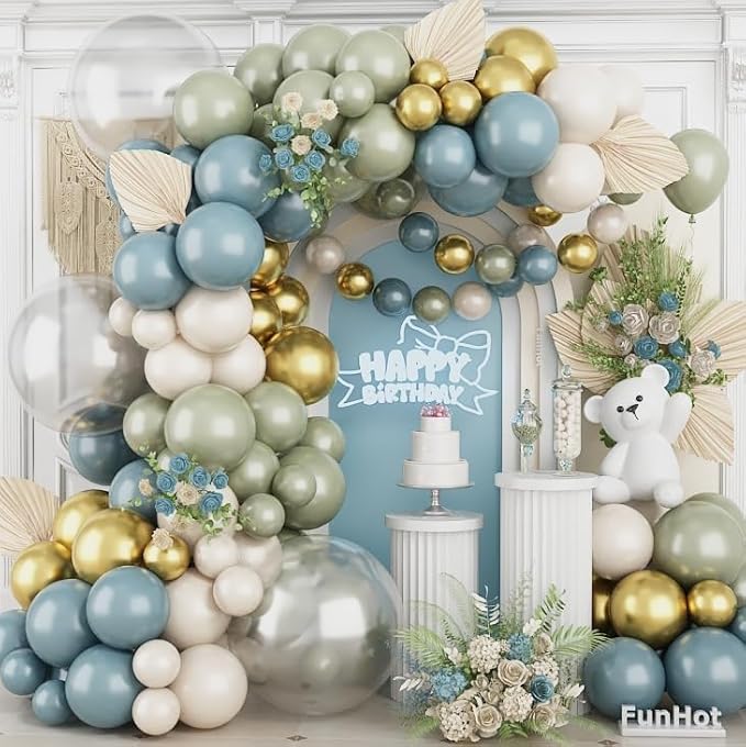 Dusty Blue Green Balloons Garland Arch Kit, 120Pcs Pastel Green Blue Beige Gold Balloons in 18/12/5 Inch Different Sizes for Boho Birthday Wedding Bridal Baby Shower